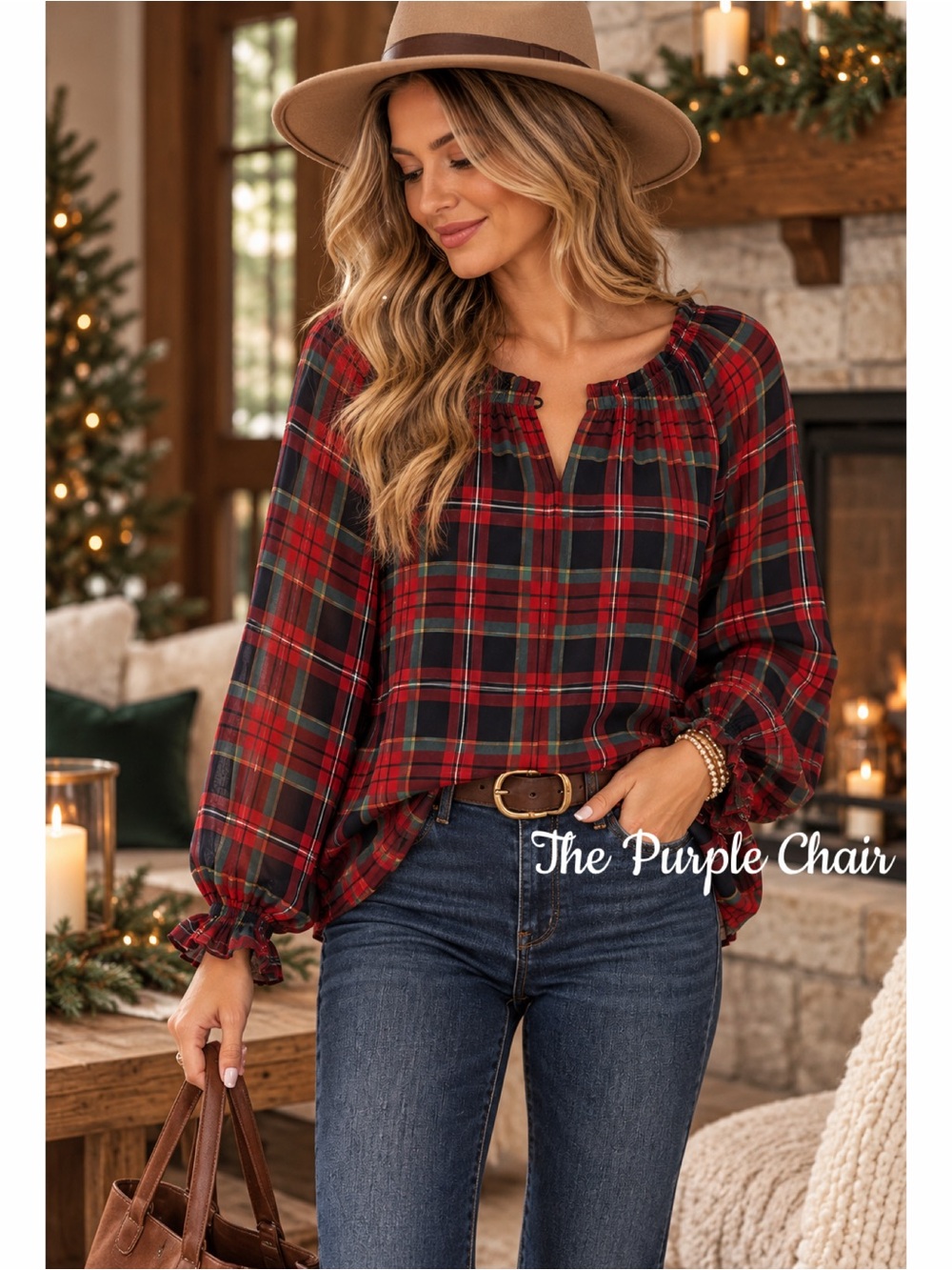 TALBOTS NWT Red/Multi Plaid Long Sleeve Popover Top M